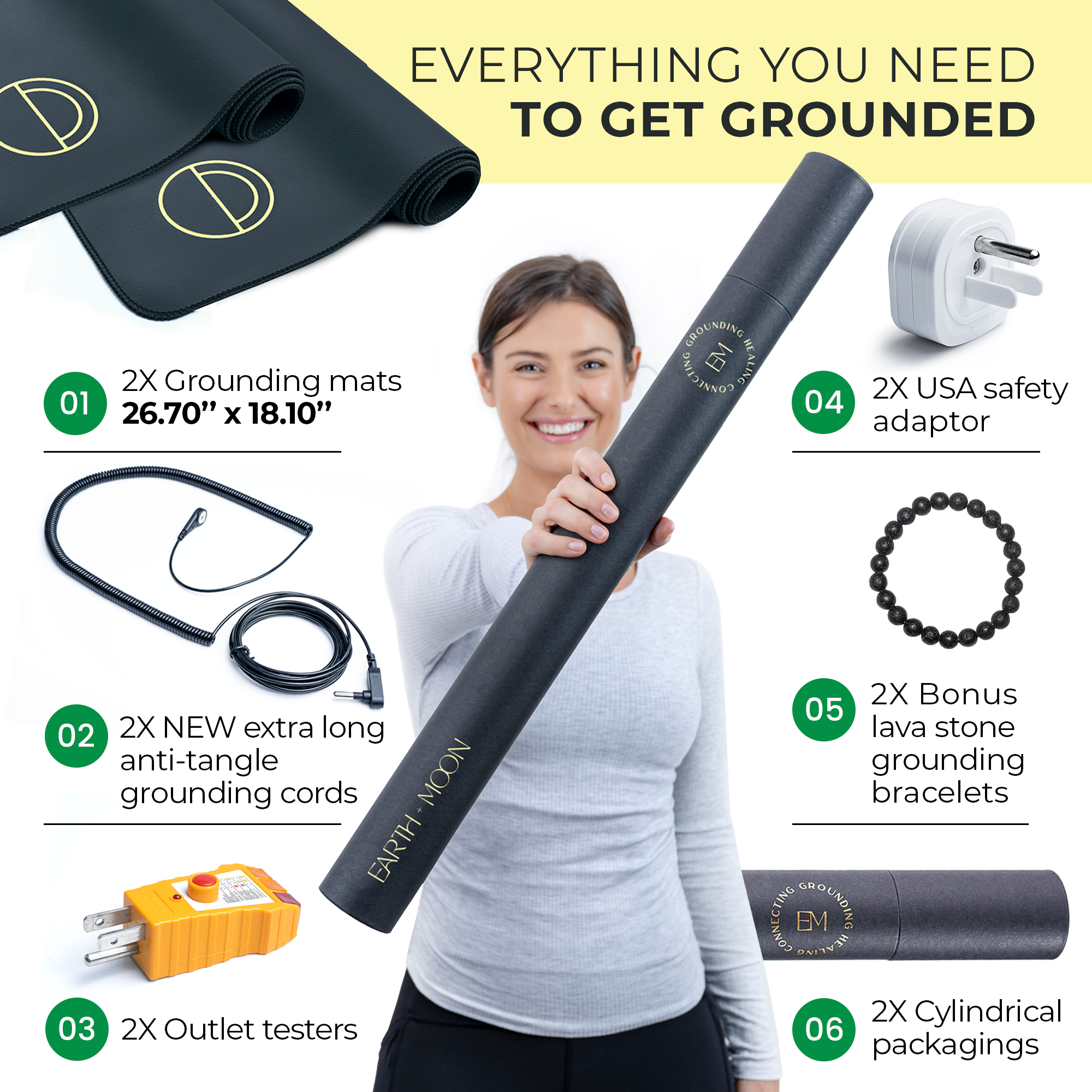 happy young woman after using the earth and moon grounded meditation mat starter kit with everything she needs
