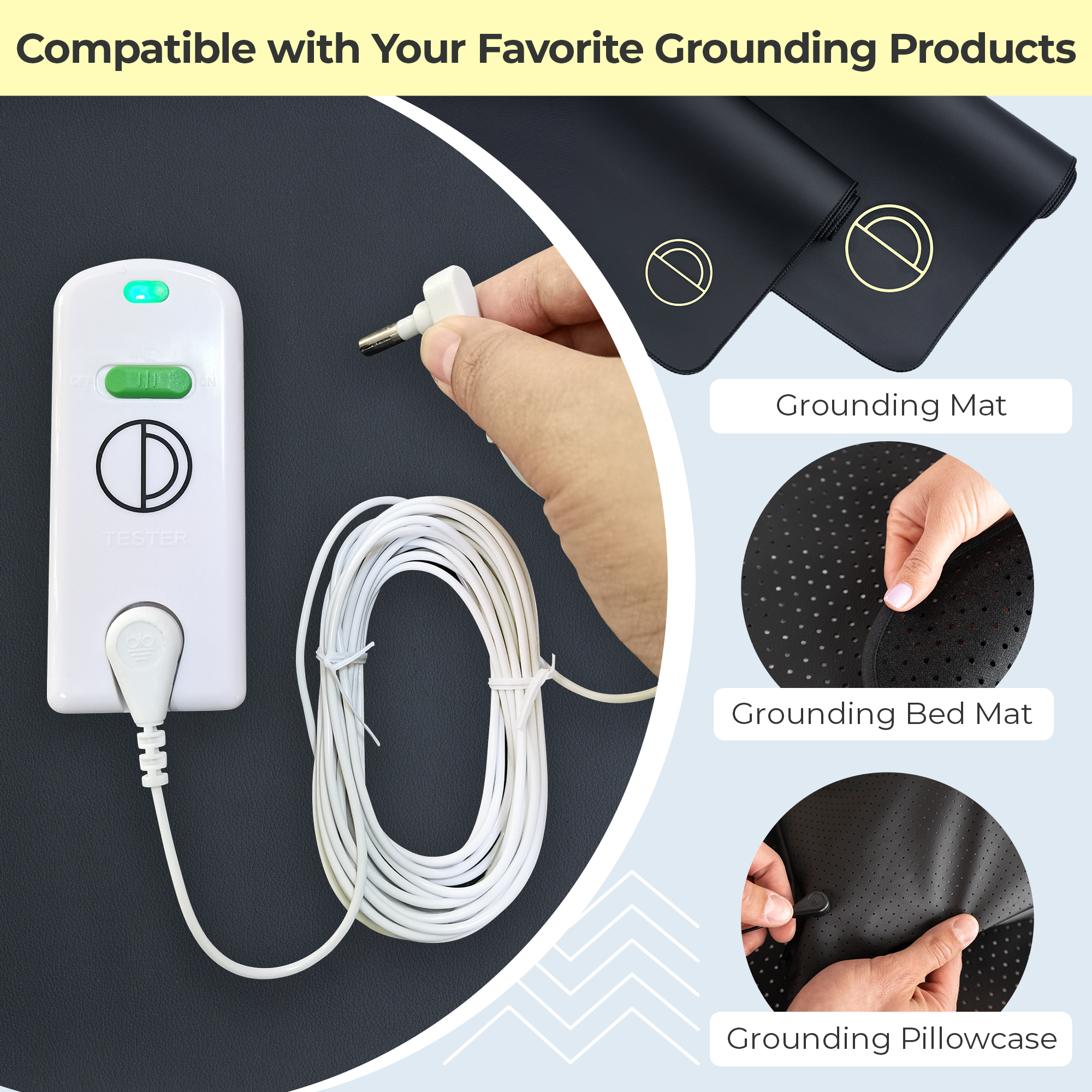 Earthing continuity tester is compatible with your favorite grounding products, grounding mat, grounding bed mat and grounding pillowcase