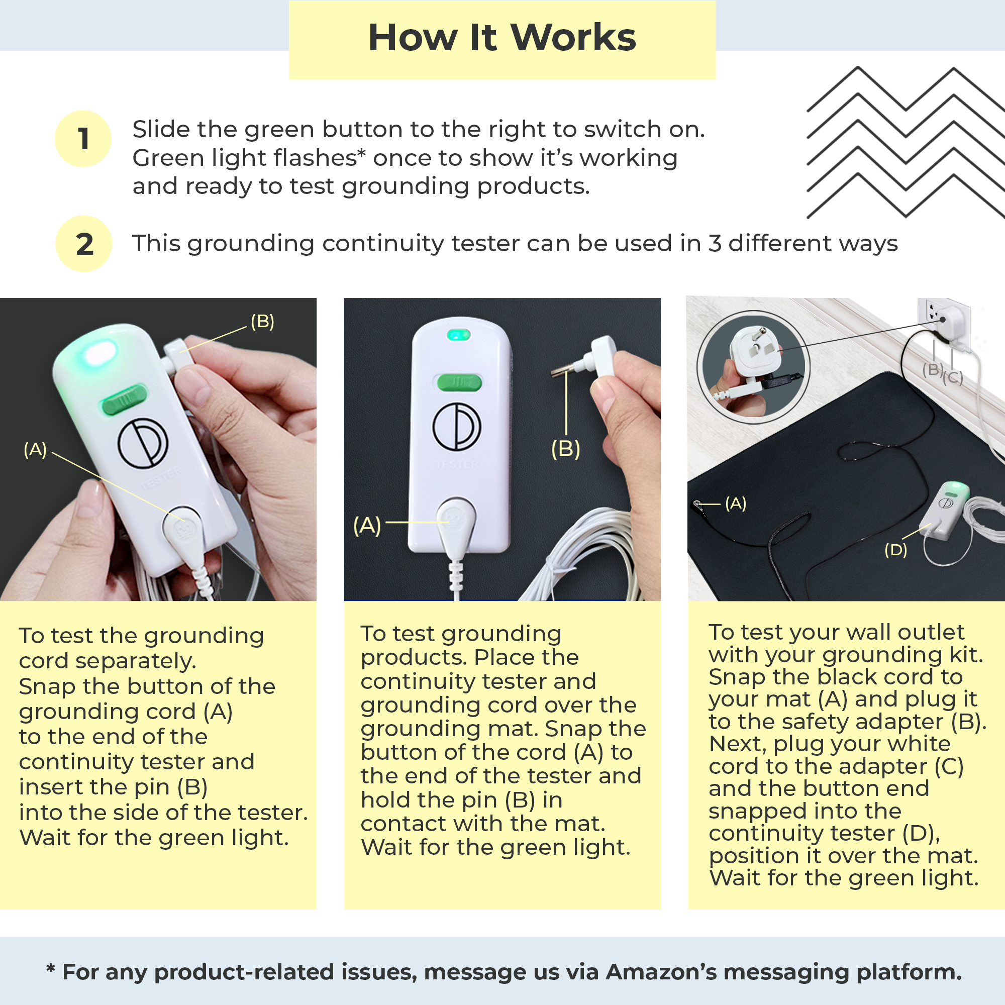 how grounding continuity tester works with your grounding cord, grounding products, grounding kit and wall outlet